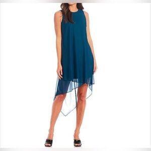 Vince Camuto Sheer Layered Teal Blue Sleeveless Asymmetrical Shift Dress 8